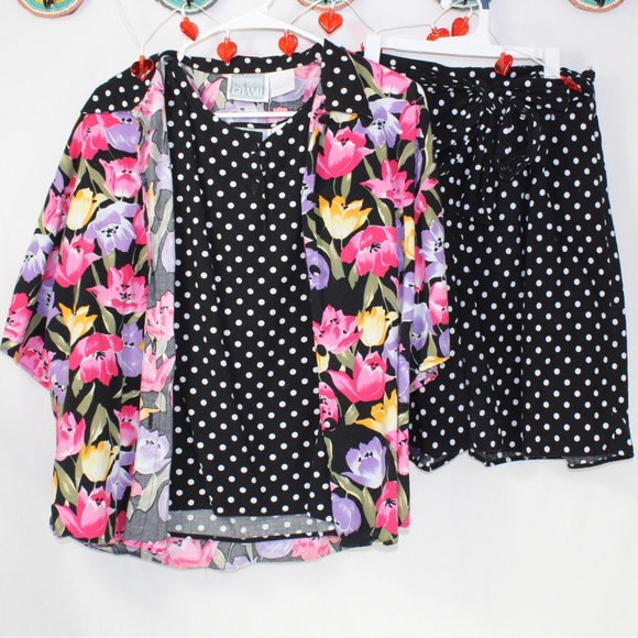 vintage floral mix print 3-piece shirt tank shorts set womens large - Picture 1 of 7